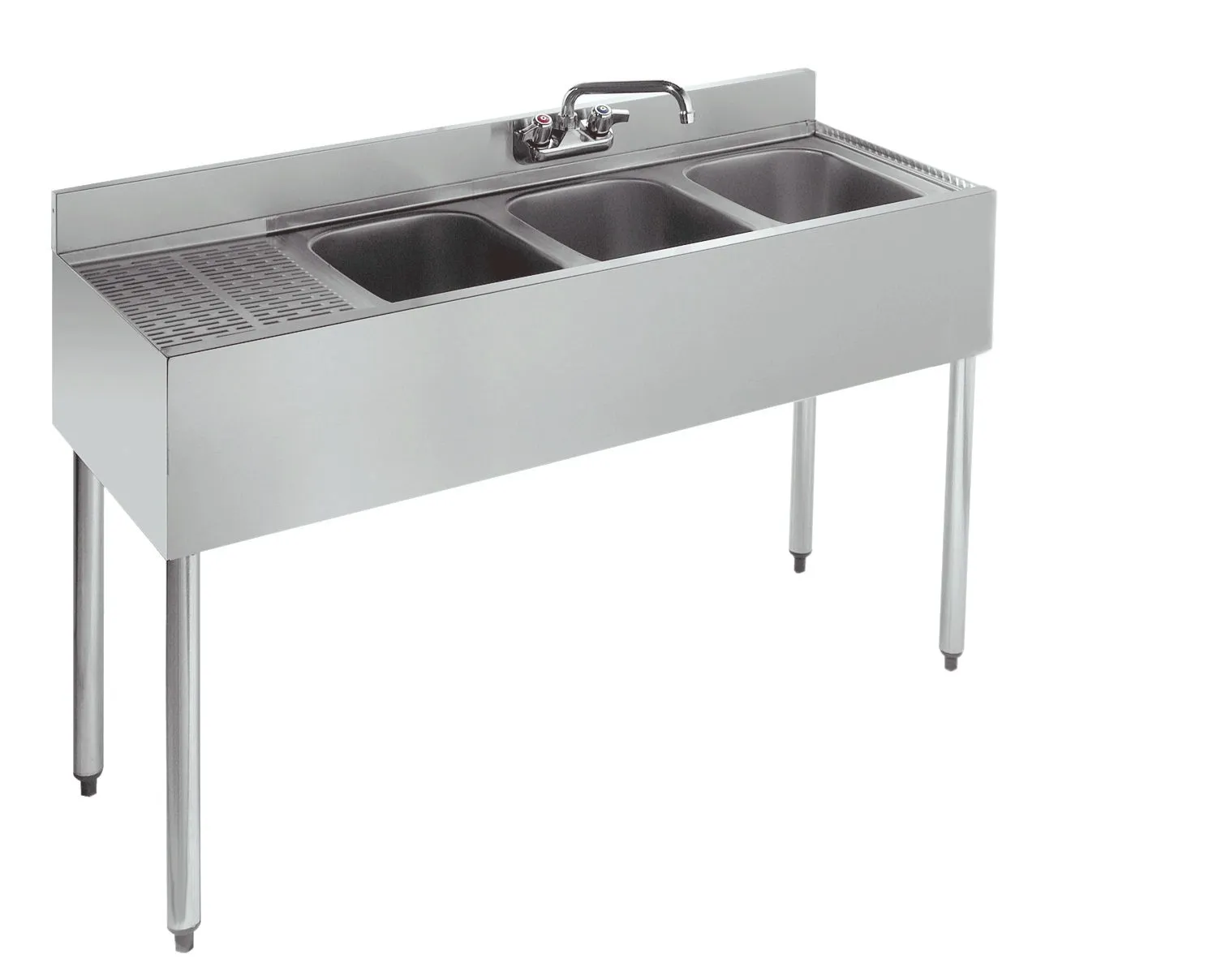 Krowne Metal - 21-43R - 2100 Series 48" Three Compartment Bar Sink - 12" Drainboard on Left