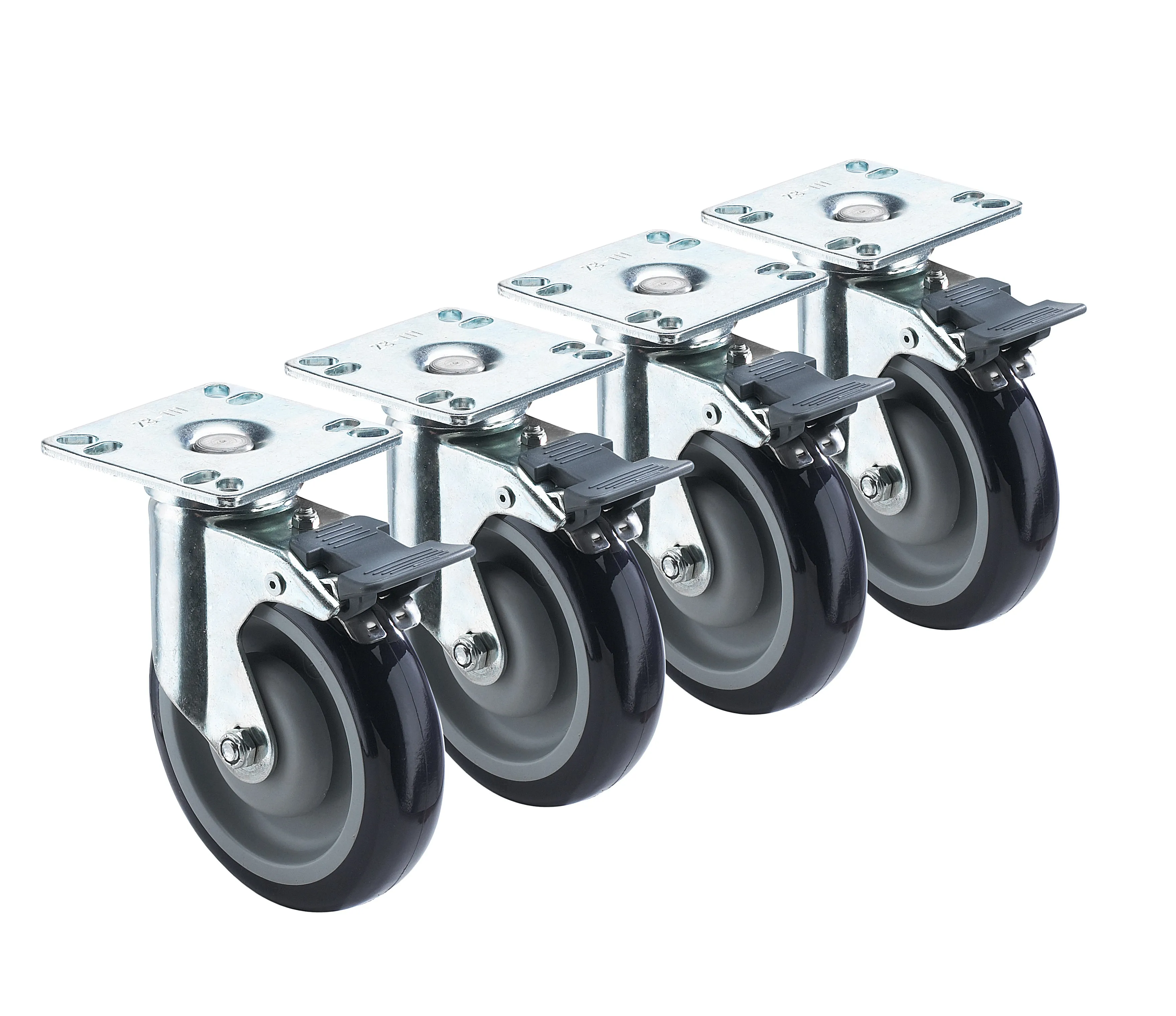 Krowne 28260S - Heavy Duty 3-1/2" x 3-1/2" Universal Plate Caster w/ Front Brake - 5" Wheel - Set of 4