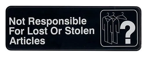 Update International S39-26BK - 9" x 0.06" x 3" - Sign - Board - Not Responsible For Lost or Stolen Articles - White on Black 