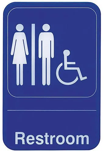 Update International S69-7BL - 9" x 0.13" x 6" - Sign - Board - Restroom/Accessible Sign - - White on Blue  