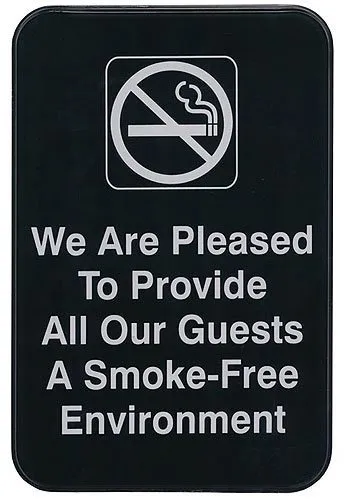 Update International S69-1BK - 9" x 0.06" x 6" - Sign - Board - We are Pleased to Provide all our Guest a Smoke Free Environment - White on Black 