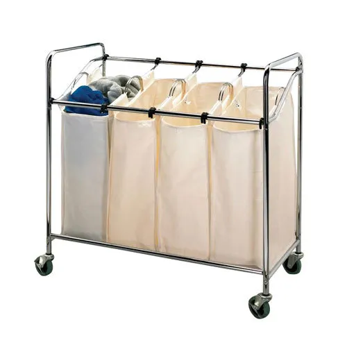 Universal 9336024 - Chrome Four Compartment Laundry Cart with Canvas Bags