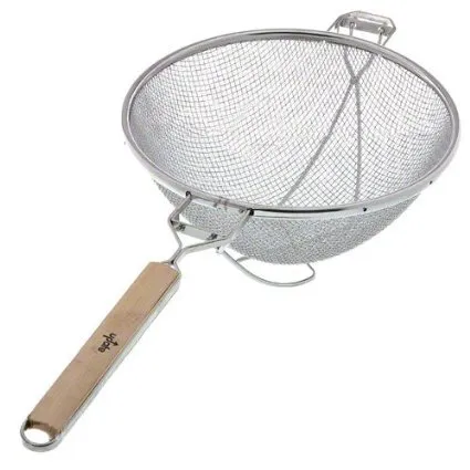 Update International SHD-14/SS - 33.5" x 7" x 18" - Stainless Steel Fine Reinforced Double Mesh Strainer with Round Wooden Handle   