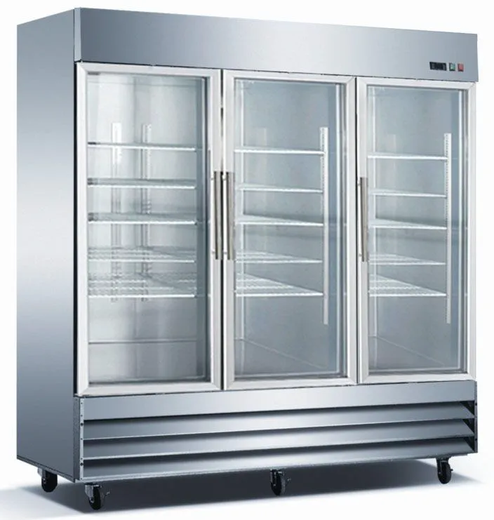 Universal USDR81 81" Three Section Glass Door Reach in Refrigerator with LED Lights - 72 Cu. Ft. 