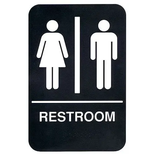 Update International S69B-4BK - 9" x 0.13" x 6" - Braille Sign - Board - Restroom - White on Black  