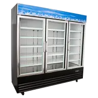 Universal BD1.9L3 80" Three Door Black Swing Glass Door Reach In Freezer with LED Lighting