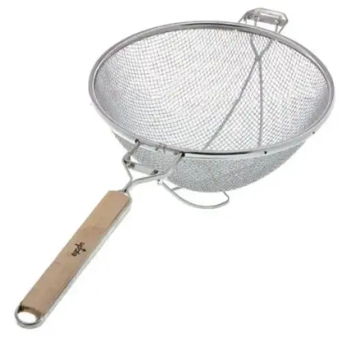 Update International SHD-12/SS - 31.25" x 6" x 11.75" - Stainless Steel Fine Reinforced Double Mesh Strainer with Round Wooden Handle   