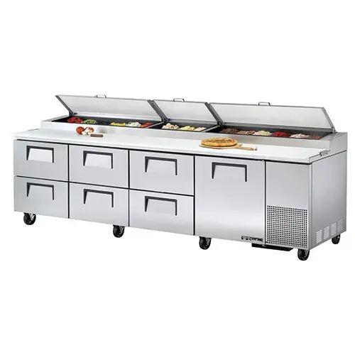 True PP-119D-6 - 119.5" Pizza Prep Table 6 Drawers & 1 Door Holds 15, 1/3 Size Pans